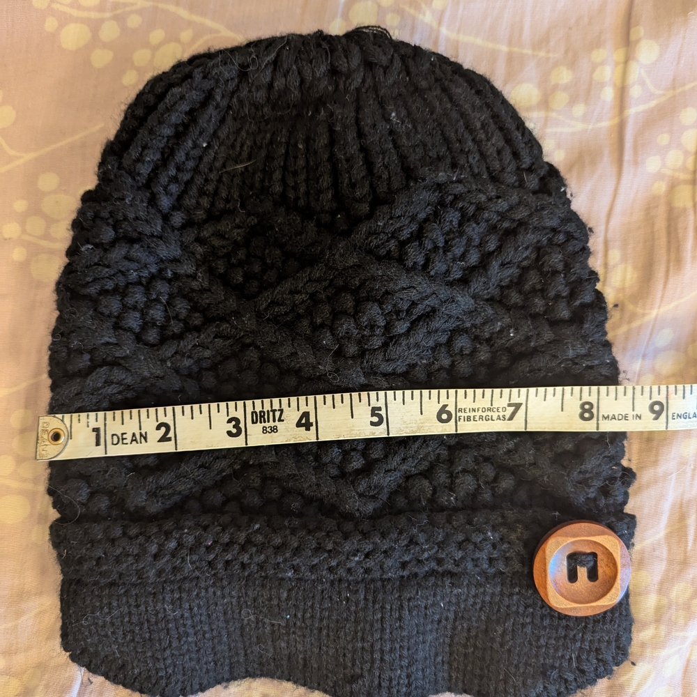 Black Knit Hat with Button Detail